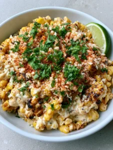 Handheld photo of Mexican Street Corn Recipe showing charred yellow corn and creamy dressing in a white ceramic bowl.