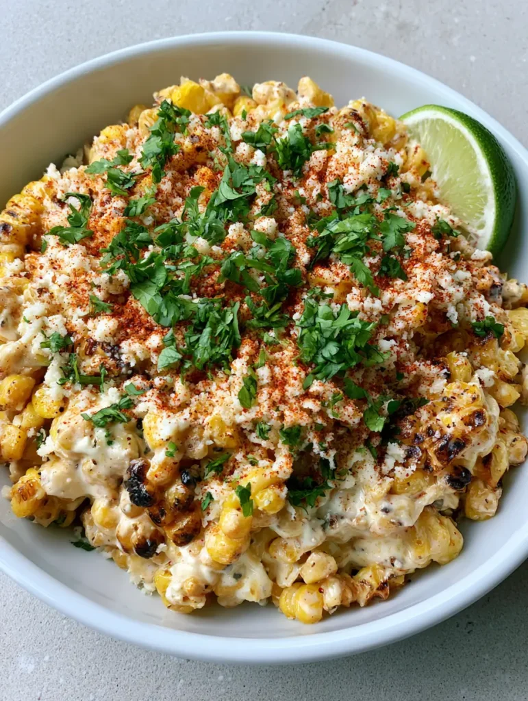 Mexican Street Corn Recipe: The Ultimate Creamy and Charred Esquites 2 Handheld photo of Mexican Street Corn Recipe showing charred yellow corn and creamy dressing in a white ceramic bowl.