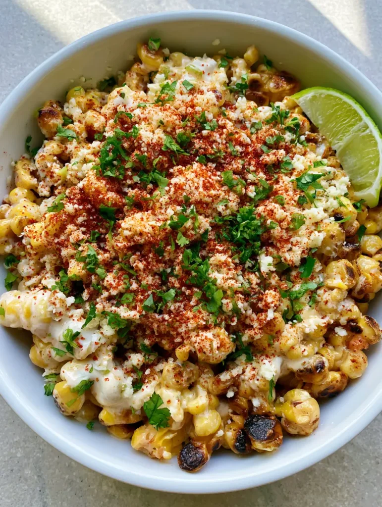 Mexican Street Corn Recipe: The Ultimate Creamy and Charred Esquites 1 Macro view of Mexican Street Corn Recipe highlighting the red chili powder and crumbled cotija cheese toppings.