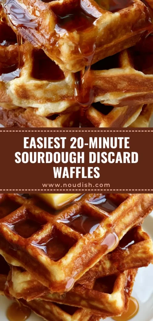 A tall stack of golden-brown Sourdough Discard Waffles with deep pockets, a melting pat of butter, and maple syrup on a white plate.