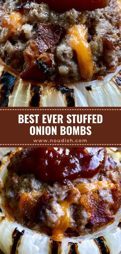 Stuffed Onion Bombs: The Ultimate Firecracker Bacon Cheddar BBQ Delight 3 A single Firecracker Stuffed Onion Bomb with charred layers, melted cheddar peeking through juicy beef, and a thick BBQ sauce glaze on a rustic wood background.