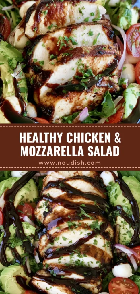 Baked Chicken Salad with Balsamic Glaze and Creamy Avocado 3 A top-down view of a Baked Chicken Salad featuring charred chicken slices, avocado, and balsamic glaze in a white bowl.