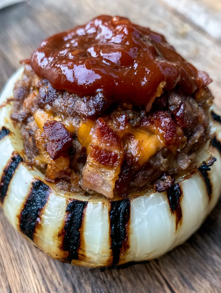 Stuffed Onion Bombs: The Ultimate Firecracker Bacon Cheddar BBQ Delight 4 Close up of a Stuffed Onion Bomb showing the translucent onion shell with vertical char marks and glossy BBQ sauce.