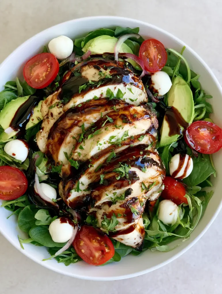Baked Chicken Salad with Balsamic Glaze and Creamy Avocado 2 Close up of oven-baked chicken breast with golden-brown charred edges for Baked Chicken Salad.