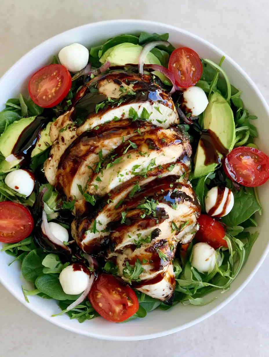 Baked Chicken Salad with Balsamic Glaze and Creamy Avocado 4 Close up of oven-baked chicken breast with golden-brown charred edges for Baked Chicken Salad.
