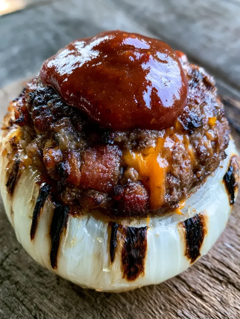 Stuffed Onion Bombs: The Ultimate Firecracker Bacon Cheddar BBQ Delight 1 A handheld smartphone photo of a juicy Stuffed Onion Bomb packed with bacon and melted orange cheddar cheese.