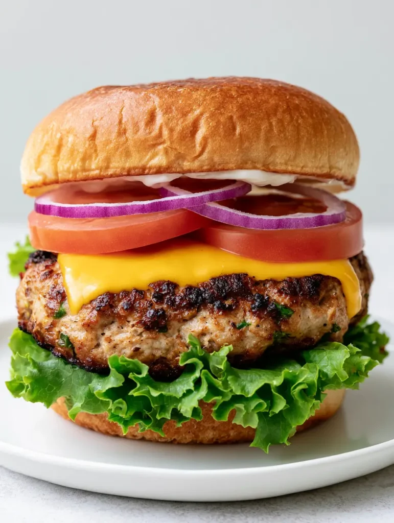 Close-up of a thick turkey burger with visible herb flecks and a deep brown seared crust on a toasted bun. (Juicy Turkey Burger Recipe)