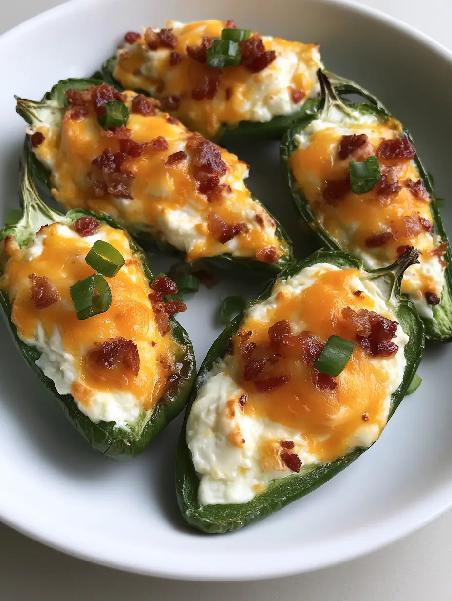 Easy Creamy Jalapeño Poppers (The Ultimate Crispy & Bubbly Recipe) 3 Halved green peppers stuffed with white cream cheese and topped with melted cheddar. (Easy Creamy Jalapeño Poppers)