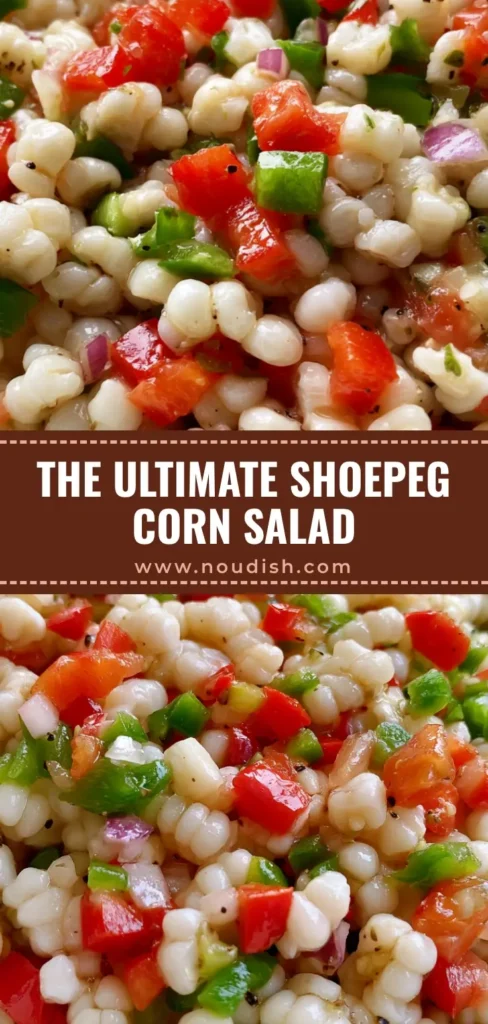 Shoepeg Corn Salad: The Ultimate Crisp and Tangy Summer Side 4 A vertical shot of Shoepeg Corn Salad in a white bowl showing white kernels, red and green peppers, and glossy vinaigrette dressing.