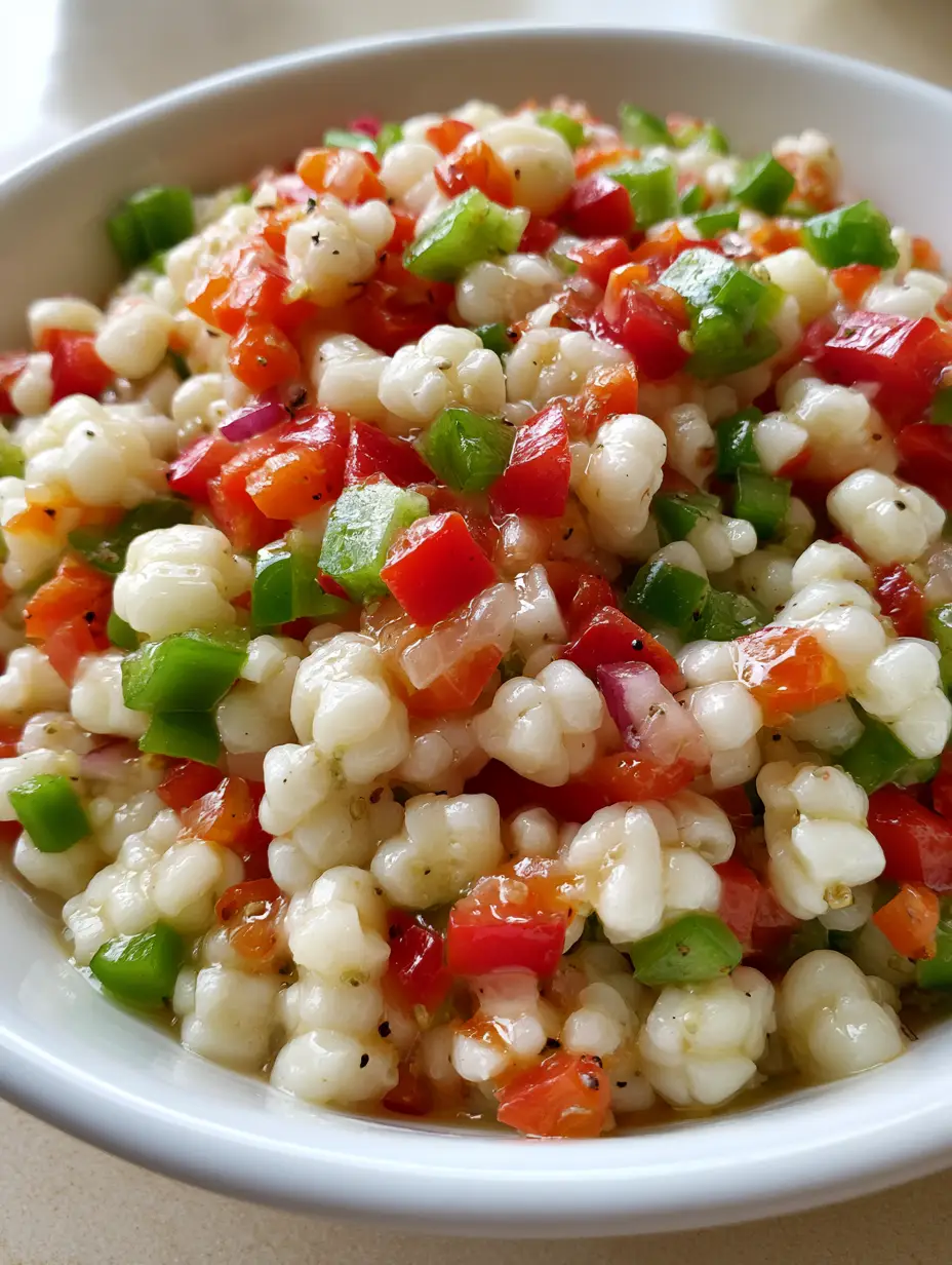 Shoepeg Corn Salad: The Ultimate Crisp and Tangy Summer Side 3 Close-up handheld smartphone photo of Shoepeg Corn Salad with visible celery seeds and glossy dressing sheen.