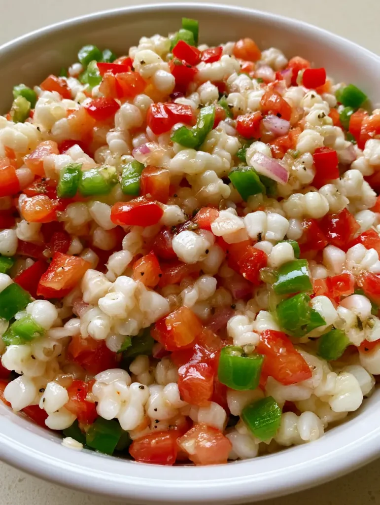 Shoepeg Corn Salad: The Ultimate Crisp and Tangy Summer Side 1 A wide shot of Shoepeg Corn Salad in a white ceramic bowl on a neutral tabletop in natural light.