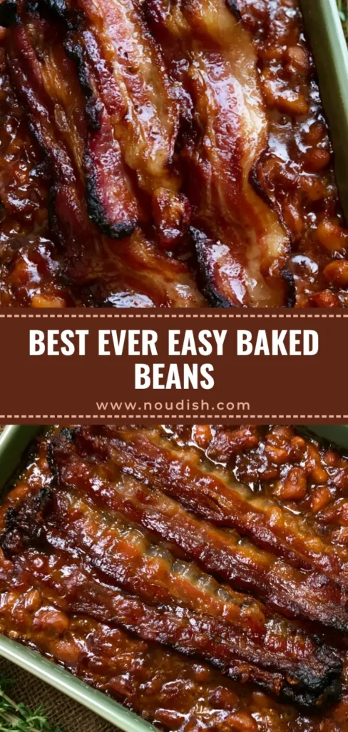 Easy Baked Beans with Bacon: The Ultimate Smokey-Sweet Side Dish 4 A close-up of Easy Baked Beans with Bacon in a sage green dish, featuring thick-cut bacon strips with charred edges and a glossy mahogany sauce.