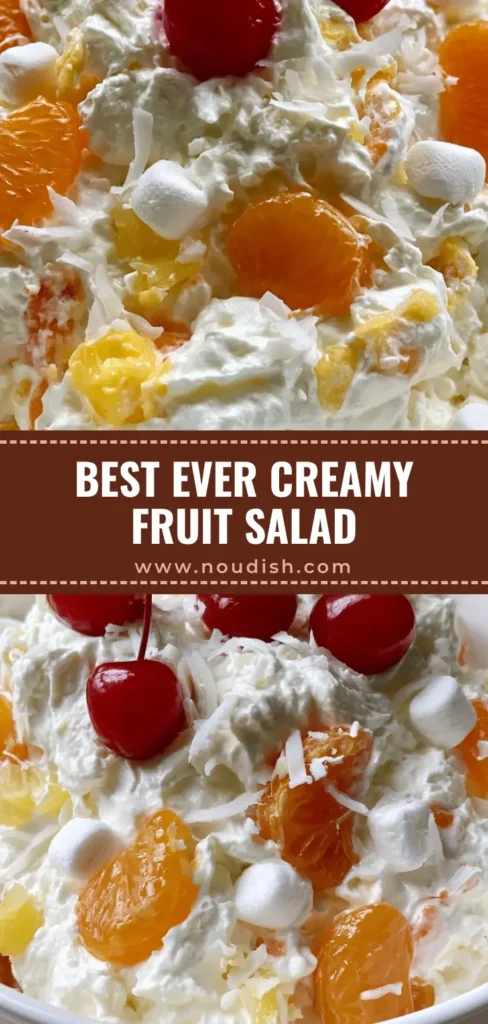 Better Than Sex Fruit Salad: The Ultimate Creamy Dream Dessert 4 A top-down view of a creamy Better Than Sex Fruit Salad in a white bowl, topped with bright red cherries with stems.