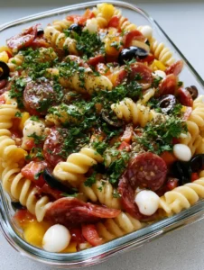 A handheld smartphone photo of High-Protein Italian Pasta Salad showing the glossy herb vinaigrette and vibrant bell peppers.