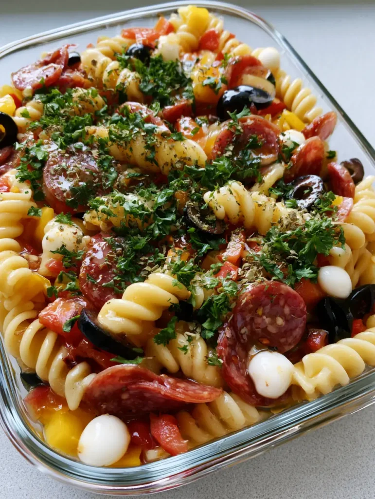 A handheld smartphone photo of High-Protein Italian Pasta Salad showing the glossy herb vinaigrette and vibrant bell peppers.