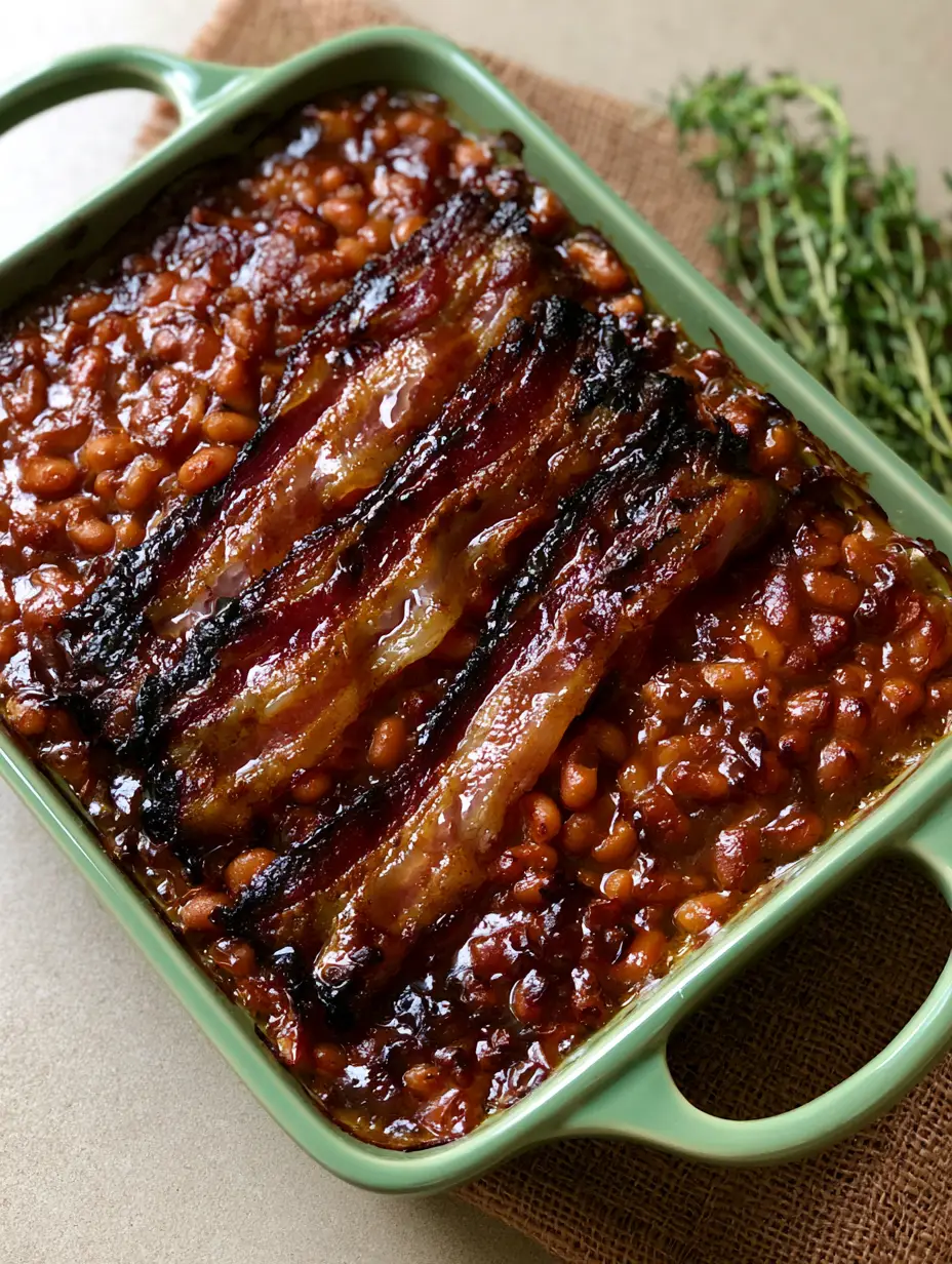 Easy Baked Beans with Bacon: The Ultimate Smokey-Sweet Side Dish 3 High-angle view of Easy Baked Beans with Bacon in a sage green ceramic baking dish with fresh thyme sprigs on a burlap background.