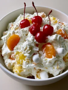 Close up of the texture of Better Than Sex Fruit Salad showing mandarin oranges and marshmallows. (Better Than Sex Fruit Salad)