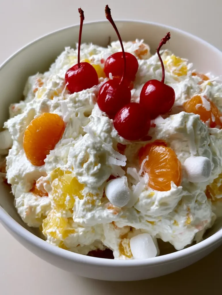 Better Than Sex Fruit Salad: The Ultimate Creamy Dream Dessert 2 Close up of the texture of Better Than Sex Fruit Salad showing mandarin oranges and marshmallows. (Better Than Sex Fruit Salad)