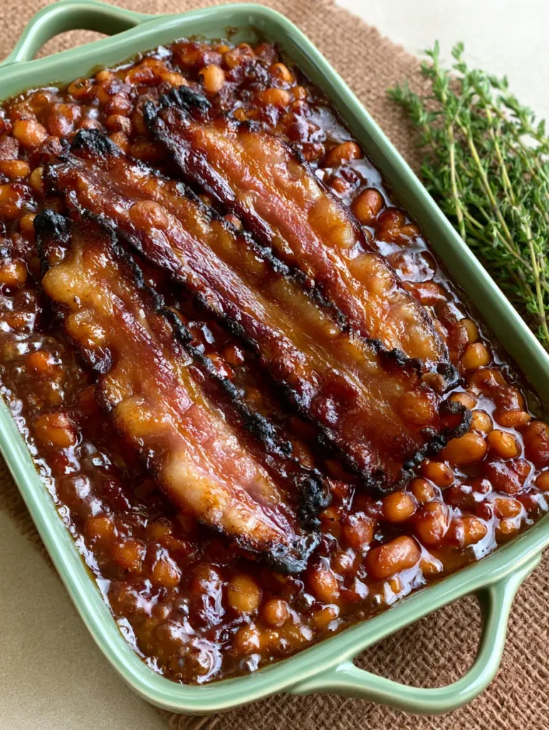 Easy Baked Beans with Bacon: The Ultimate Smokey-Sweet Side Dish 1 Close-up of the bubbling deep amber sauce and ruffled bacon edges of the Easy Baked Beans with Bacon.