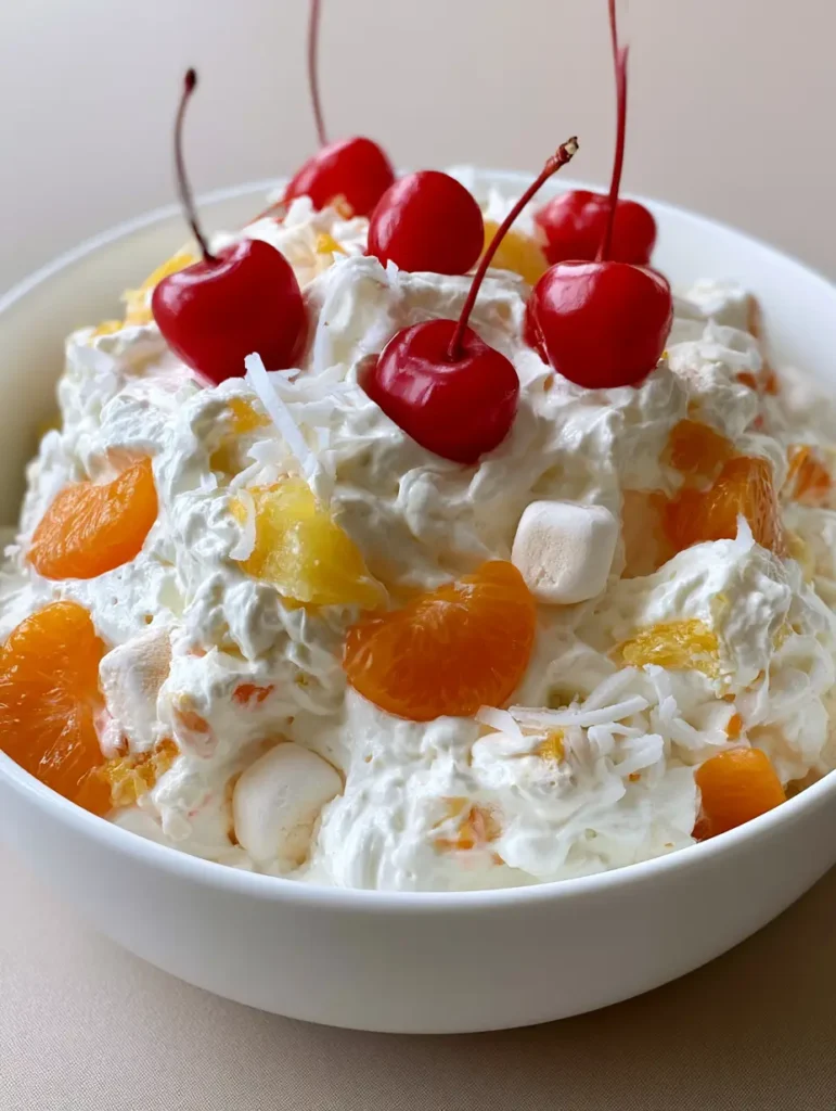 Better Than Sex Fruit Salad: The Ultimate Creamy Dream Dessert 1 A side view of a large white bowl filled with Better Than Sex Fruit Salad featuring coconut flakes and cherries.