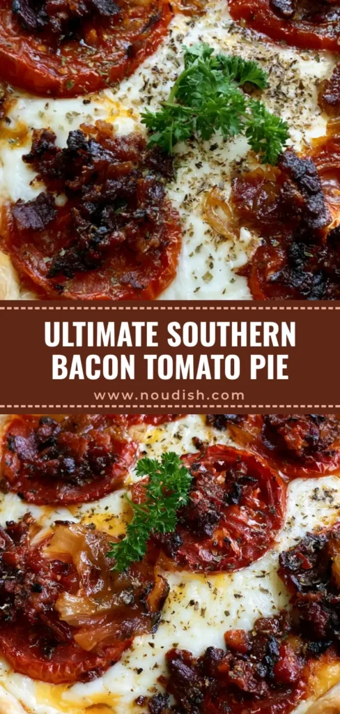 Southern Bacon Onion Tomato Pie with Crispy Bacon and Caramelized Onions 4 A high-angle vertical shot of a Southern Bacon Onion Tomato Pie in a white ceramic dish with bubbly cheese, crispy bacon, and blistered tomatoes.
