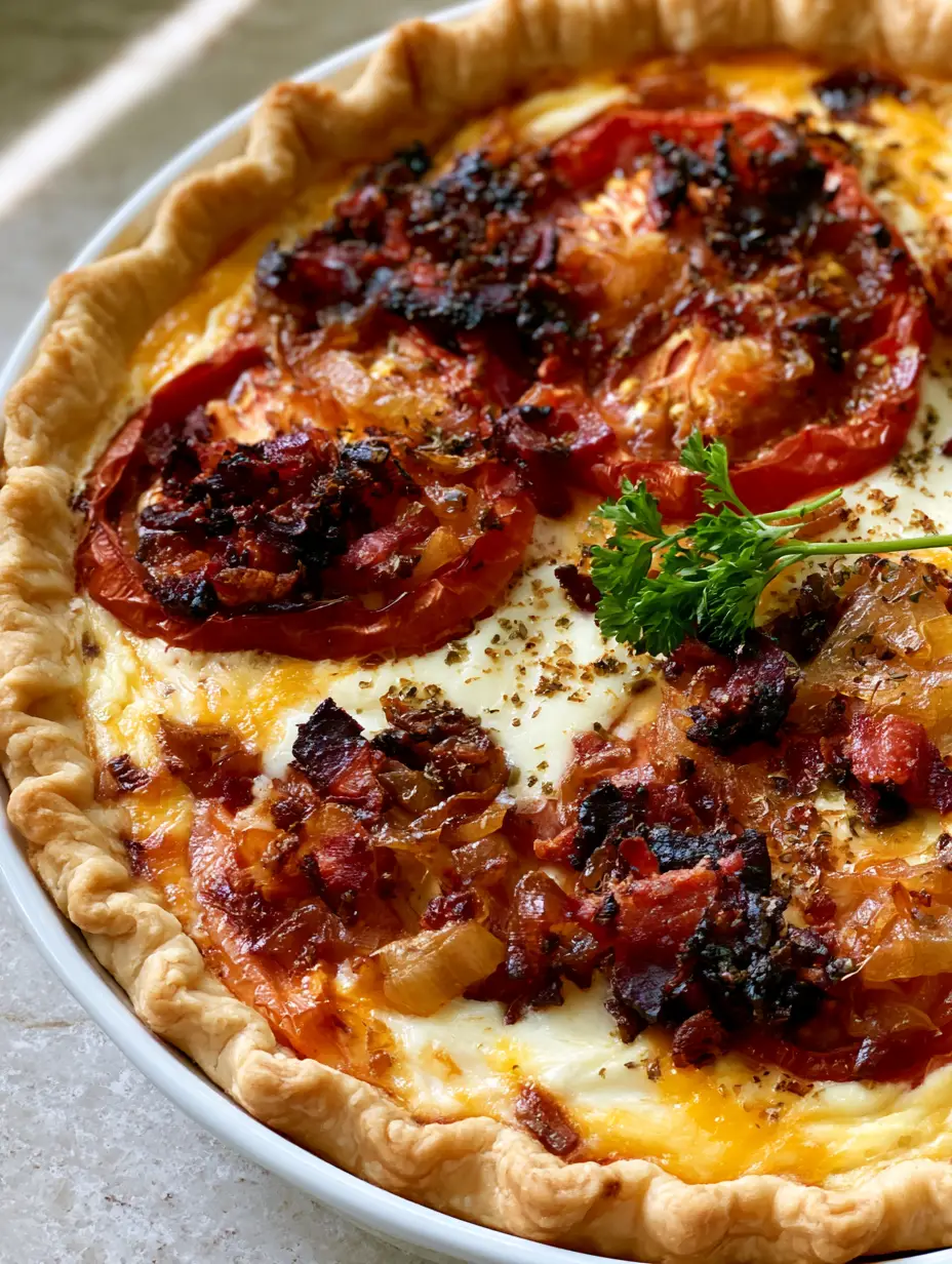Southern Bacon Onion Tomato Pie with Crispy Bacon and Caramelized Onions 3 Close-up of Southern Bacon Onion Tomato Pie showing melted yellow cheddar and white mozzarella with crispy bacon crumbles. (Southern Bacon Onion Tomato Pie)