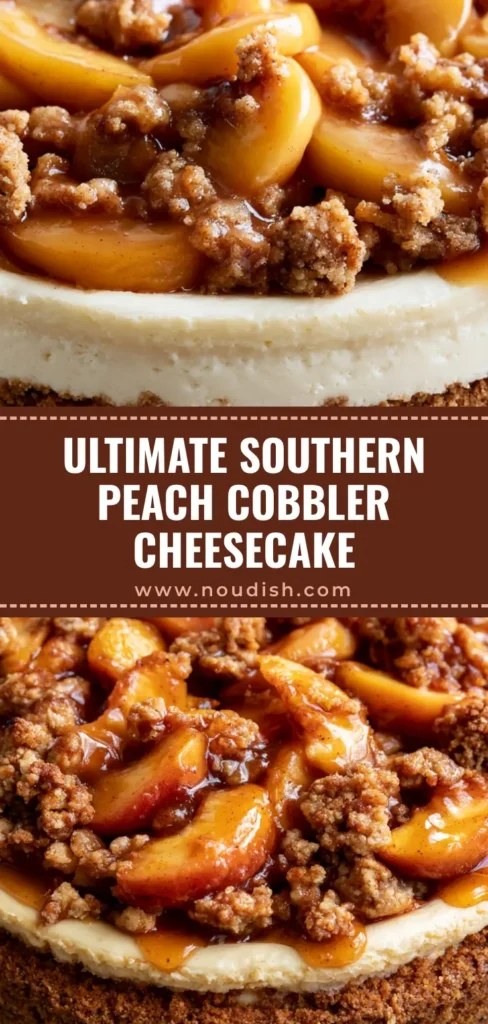 Southern Peach Cobbler Cheesecake (The Ultimate Tall & Creamy Recipe) 4 A tall, decadent Southern Peach Cobbler Cheesecake in a dark metal pan with thick graham cracker crust, ivory filling, and glossy amber peaches.