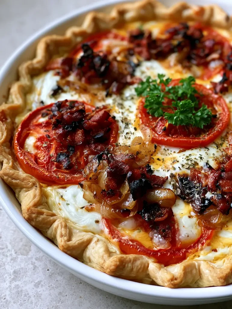 Southern Bacon Onion Tomato Pie with Crispy Bacon and Caramelized Onions 1 Overhead view of a baked Southern Bacon Onion Tomato Pie featuring puckered red tomatoes and fresh parsley sprigs.