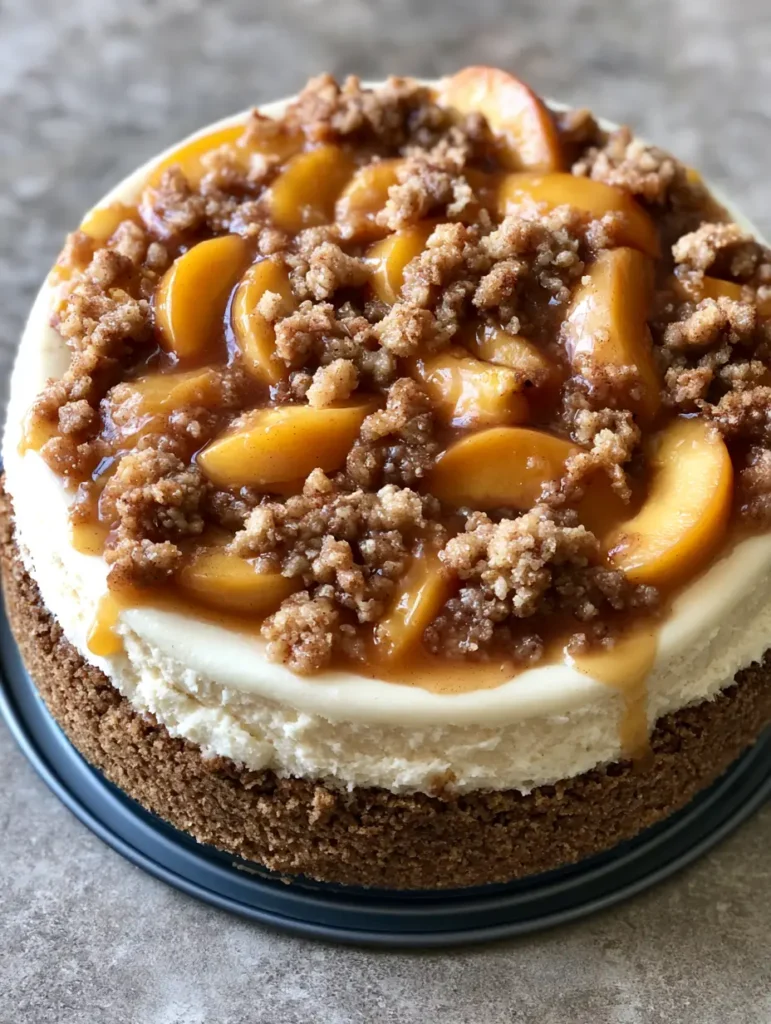 Southern Peach Cobbler Cheesecake (The Ultimate Tall & Creamy Recipe) 2 Close-up of the thick textured graham cracker crust and creamy ivory-white cheesecake filling. (Southern Peach Cobbler Cheesecake)