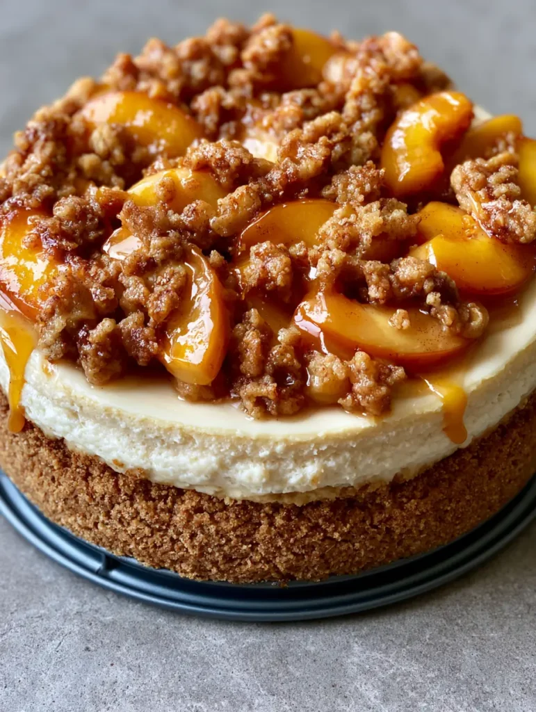 Southern Peach Cobbler Cheesecake (The Ultimate Tall & Creamy Recipe) 1 A top-down view of the golden-brown buttery streusel crumble and glossy cinnamon-amber peach glaze.