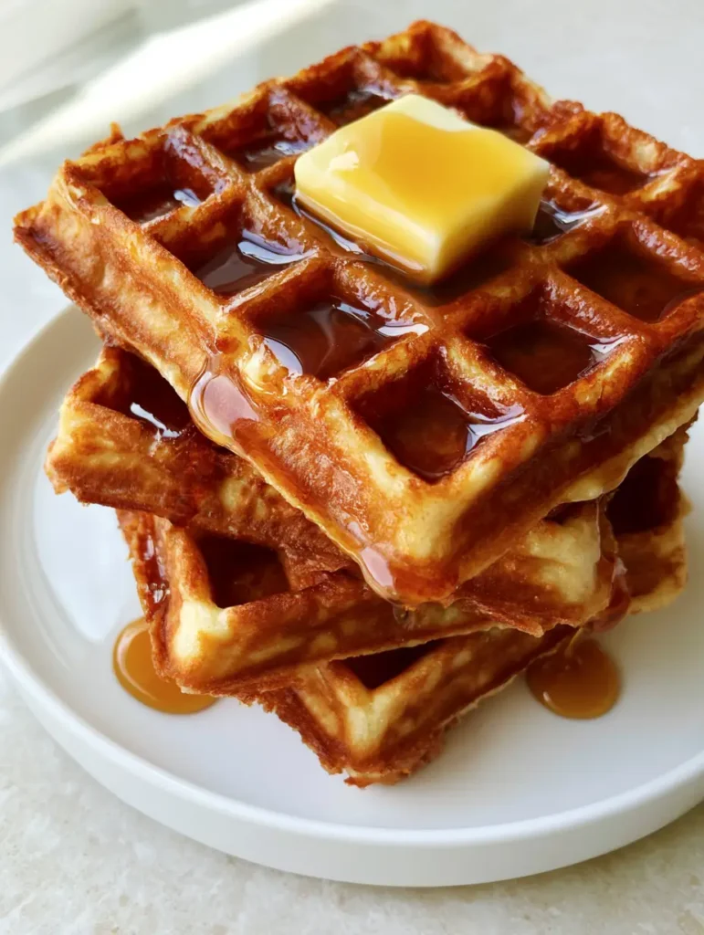 Three thick Belgian-style Sourdough Discard Waffles showing highly textured crispy edges and melted salted butter.