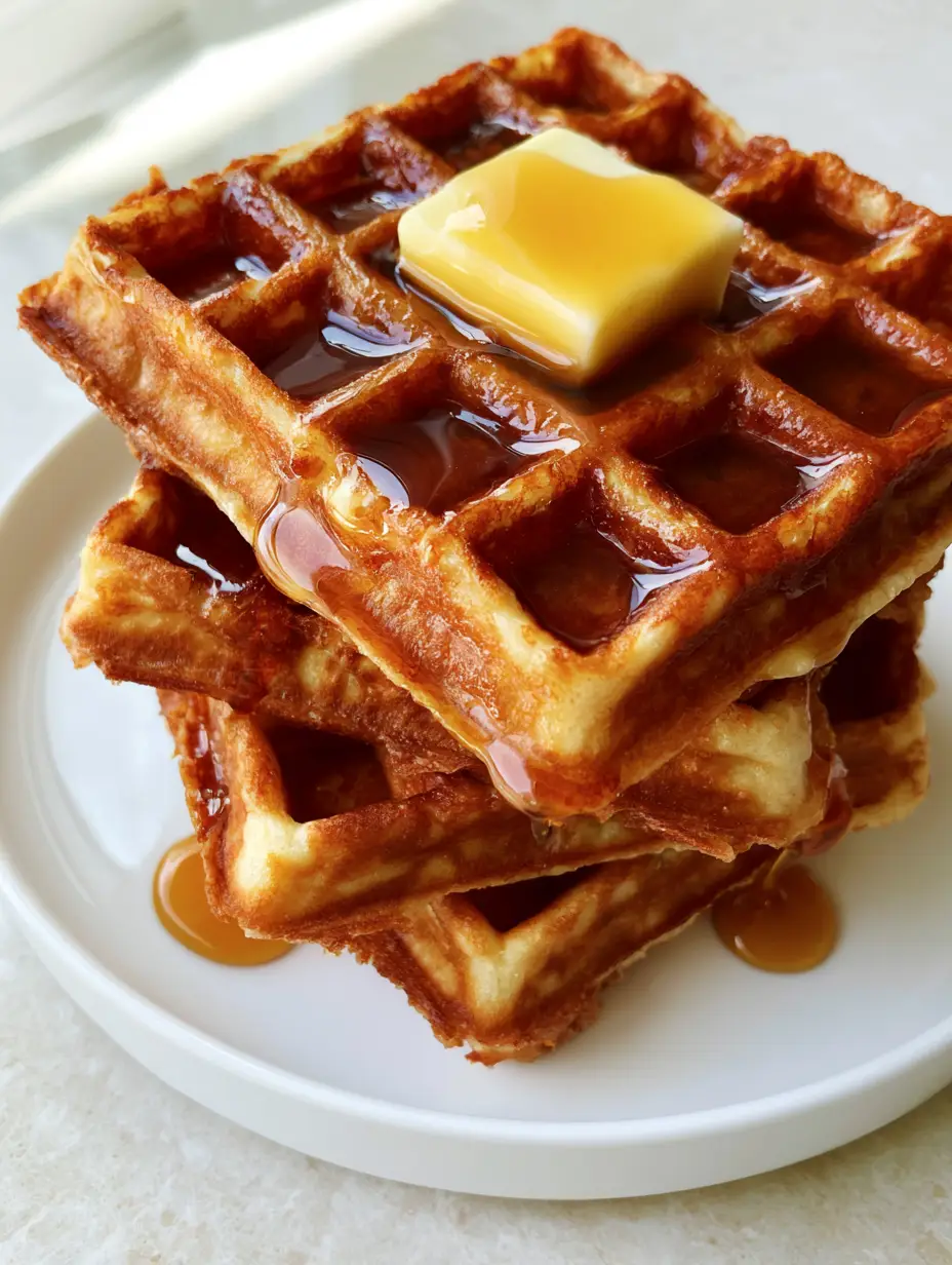 Three thick Belgian-style Sourdough Discard Waffles showing highly textured crispy edges and melted salted butter.
