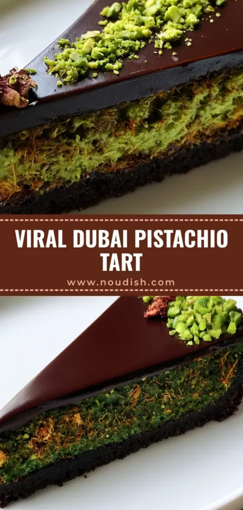 Dubai Chocolate Pistachio Tart with Toasted Kataifi 3 A single slice of Dubai Chocolate Pistachio Tart showing layers of dark chocolate crust, emerald pistachio filling with kataifi, and glossy ganache topping.