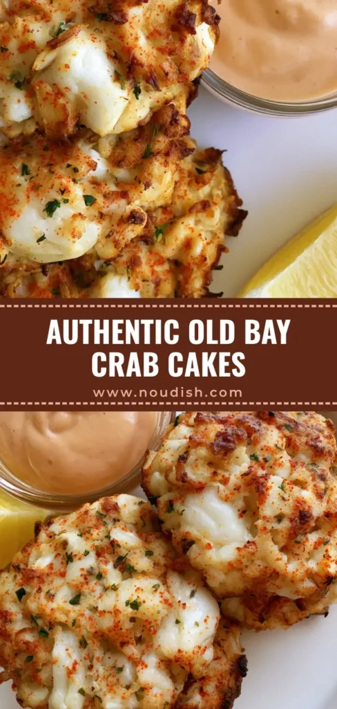 A vertical shot of three thick Old Bay Crab Cakes stacked on a white plate with a lemon wedge and salmon remoulade sauce.