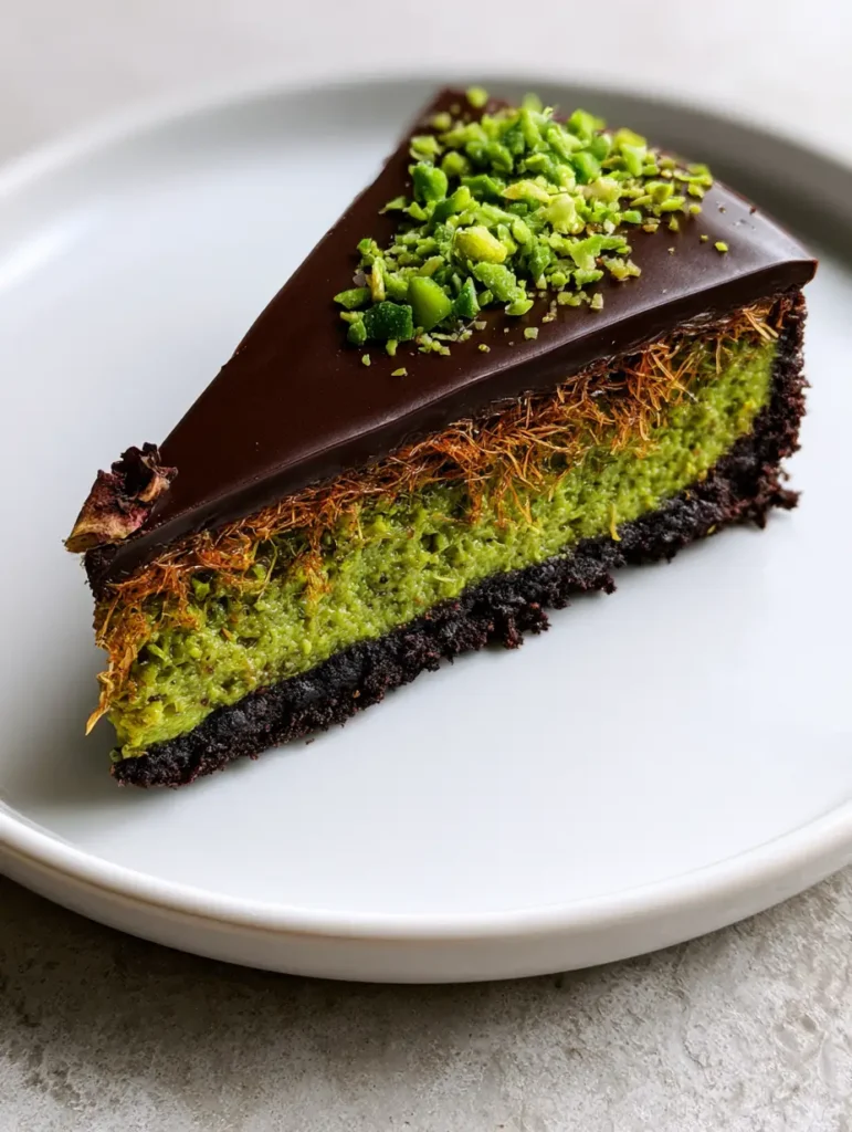 Dubai Chocolate Pistachio Tart with Toasted Kataifi 2 High-angle view of a Dubai Chocolate Pistachio Tart with crushed pistachios and rose petals on a stone surface.