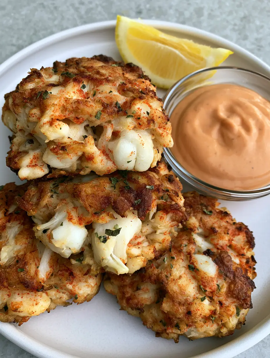 Top-down view of three hand-formed Old Bay Crab Cakes on a matte white plate with a light-grey slate background.