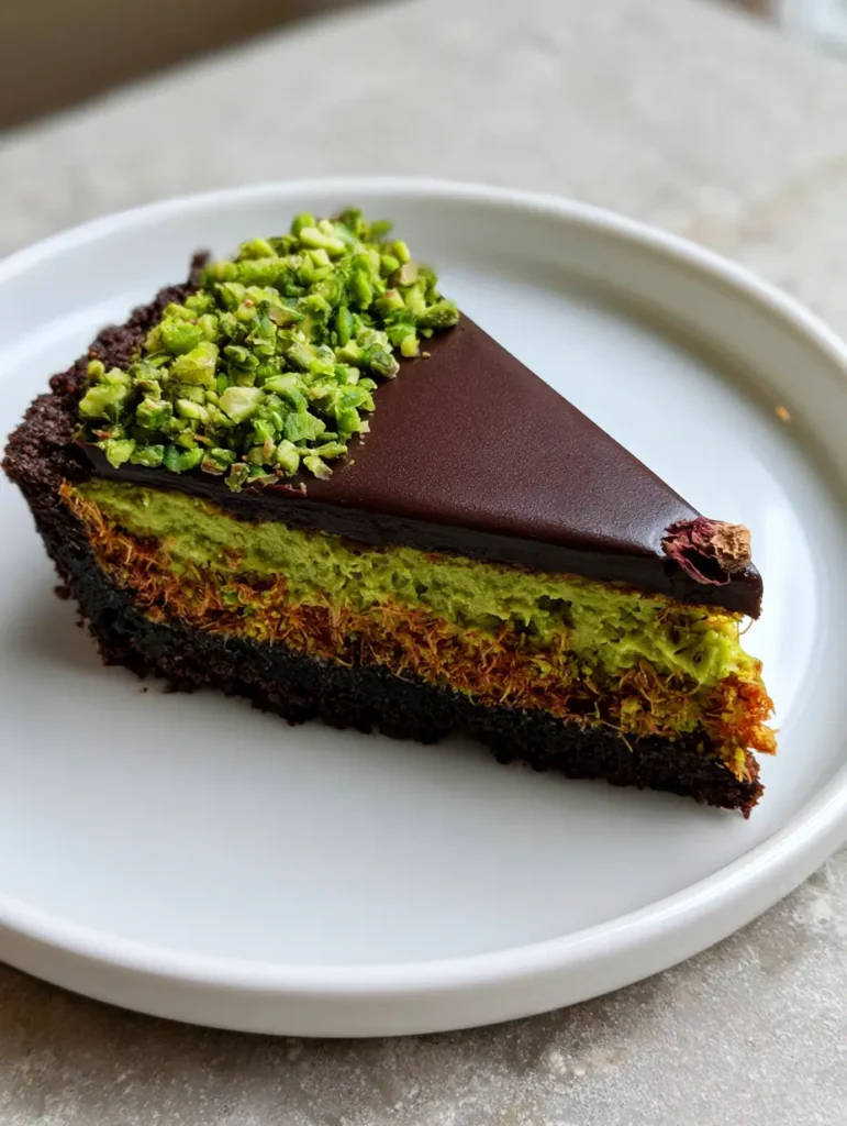Dubai Chocolate Pistachio Tart with Toasted Kataifi 1 Detailed shot of the crunchy toasted kataifi layers within the Dubai Chocolate Pistachio Tart.
