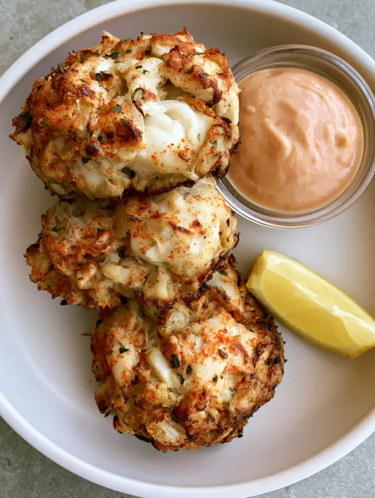 Close up of seared Old Bay Crab Cakes showing textured golden edges and green herb flakes.