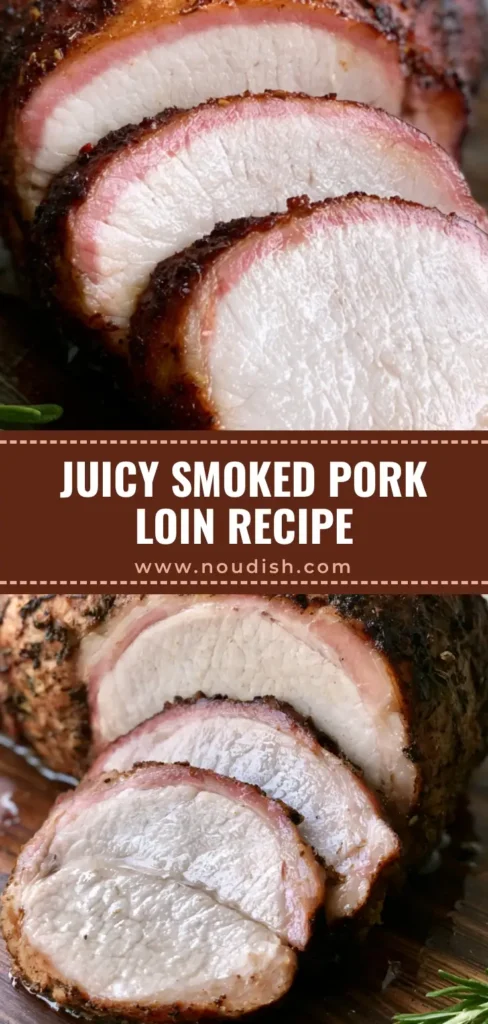 Smoked Pork Loin with Mahogany Spice Rub and Pink Smoke Ring 3 A close-up of sliced Smoked Pork Loin with a mahogany spice rub crust and a visible pink smoke ring on a wooden board.