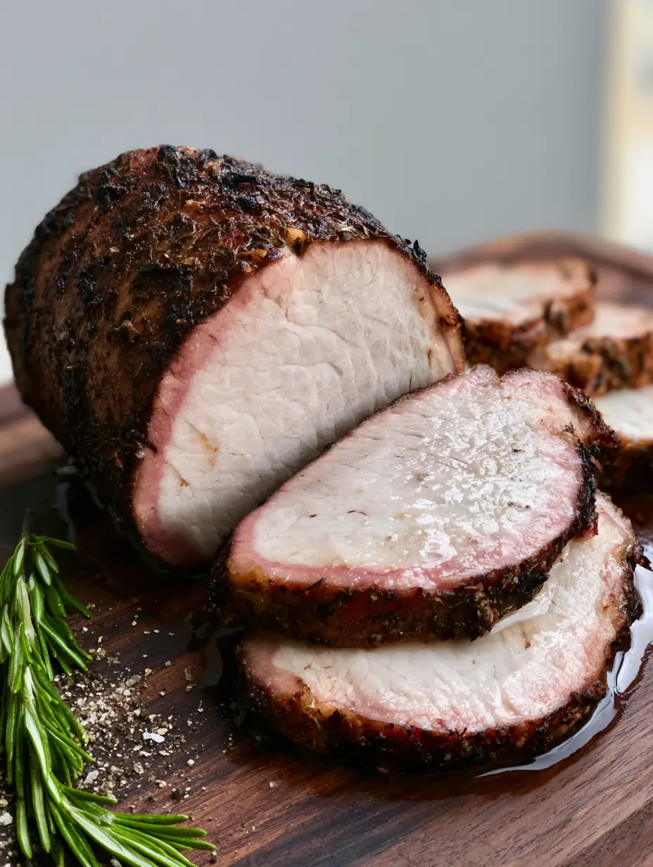 Smoked Pork Loin with Mahogany Spice Rub and Pink Smoke Ring 4 Smartphone photo of sliced Smoked Pork Loin on a dark wooden board showing moist interior meat and natural juices.