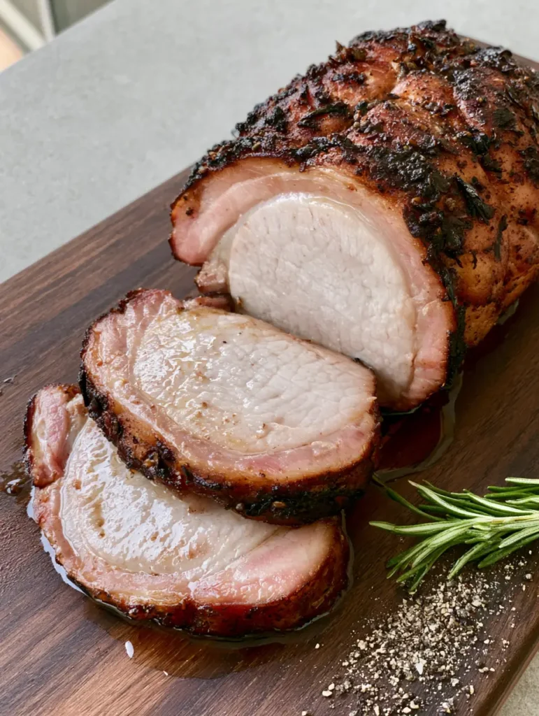 Smoked Pork Loin with Mahogany Spice Rub and Pink Smoke Ring 1 Sliced Smoked Pork Loin highlighting the dark mahogany crust and cracked black pepper garnish.