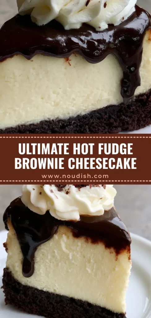 Hot Fudge Sundae Brownie Cheesecake with Glossy Fudge Sauce 3 A tall slice of Hot Fudge Sundae Brownie Cheesecake with a moist chocolate base, ivory cheesecake, cascading fudge, and a maraschino cherry.