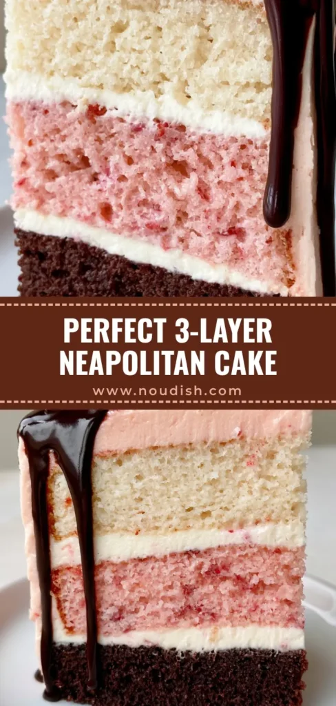 A vertical slice of Neapolitan Cake showing chocolate, strawberry, and vanilla layers with pink frosting and a chocolate drip.