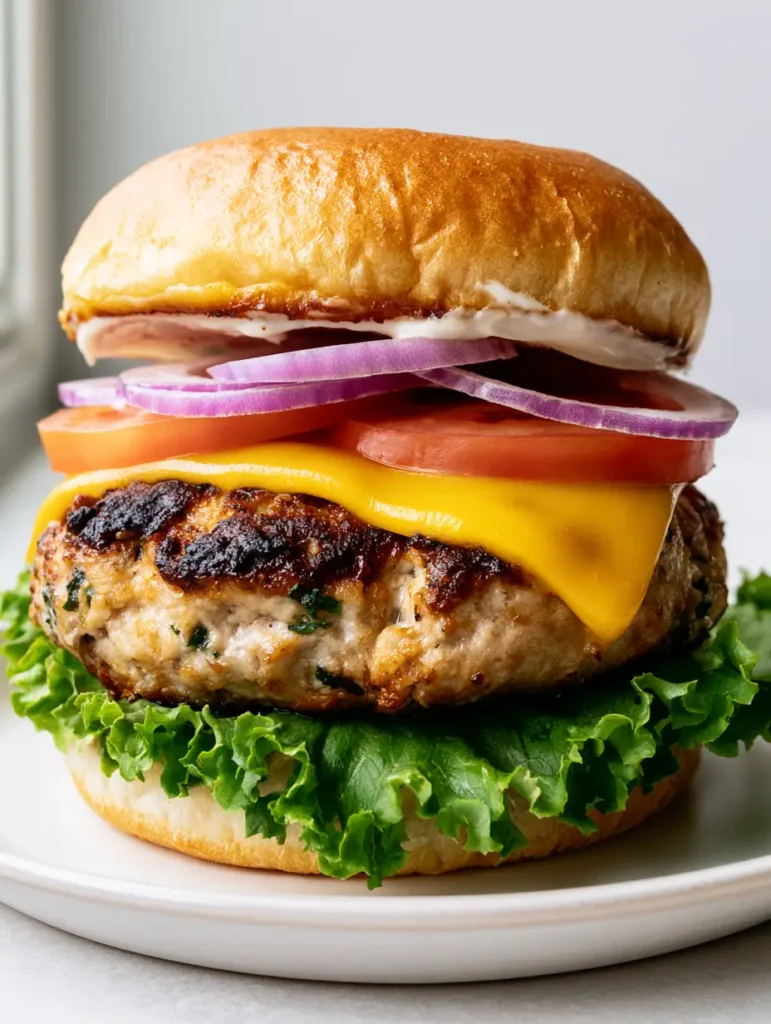 Juicy turkey burger with melted yellow cheddar cheese and fresh red onion rings on a brioche bun.