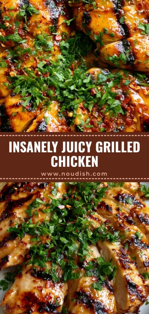 Grilled Chicken Marinade: The Secret to Juicy, Glossy Char-Grilled Perfection 4 Slices of moist chicken breasts with dark charred grill marks and a glossy golden-brown glaze on a white plate. (Grilled Chicken Marinade)