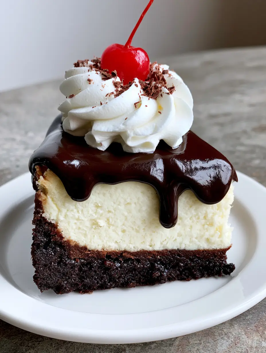 Hot Fudge Sundae Brownie Cheesecake with Glossy Fudge Sauce 4 Side view of a Hot Fudge Sundae Brownie Cheesecake slice showing the thick brownie base and smooth ivory filling.