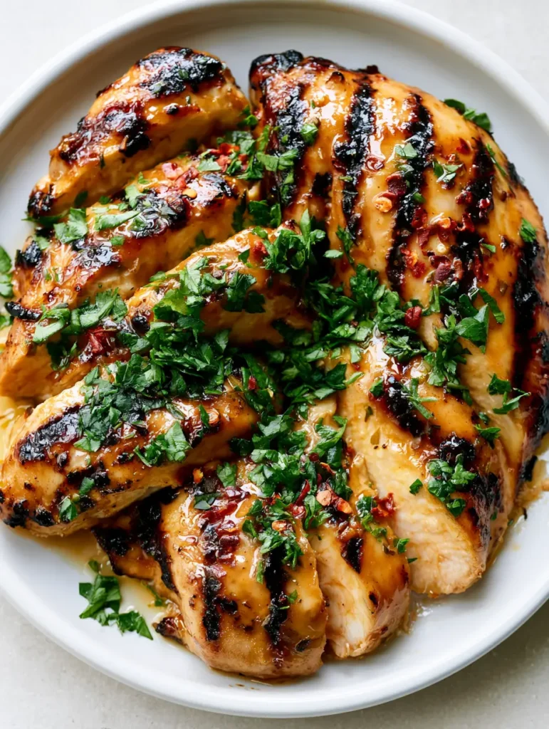 Grilled Chicken Marinade: The Secret to Juicy, Glossy Char-Grilled Perfection 2 Close up of char-grilled chicken slices with fresh parsley and red chili flakes. (Grilled Chicken Marinade)