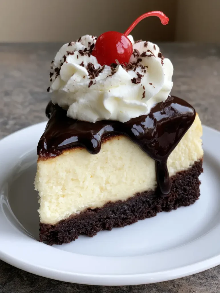 Hot Fudge Sundae Brownie Cheesecake with Glossy Fudge Sauce 1 Close up of the glossy dark chocolate hot fudge cascading down the Hot Fudge Sundae Brownie Cheesecake.