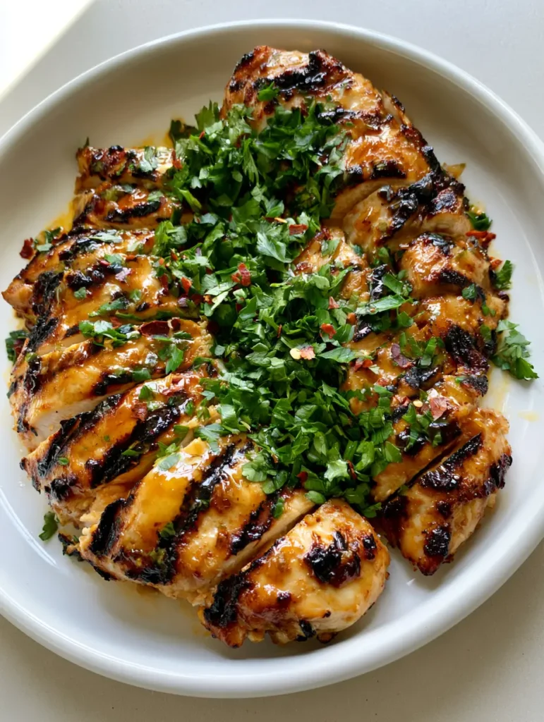 Grilled Chicken Marinade: The Secret to Juicy, Glossy Char-Grilled Perfection 1 A white ceramic plate holding sliced grilled chicken breasts with a glistening glaze. (Grilled Chicken Marinade)