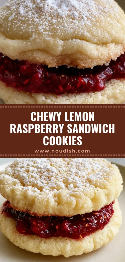 Lemon Raspberry Cookies: Soft Lemon Sugar Sandwich Cookies 3 A stack of Lemon Raspberry Cookies featuring thick lemon sugar cookies and a bright crimson jam filling with visible seeds.